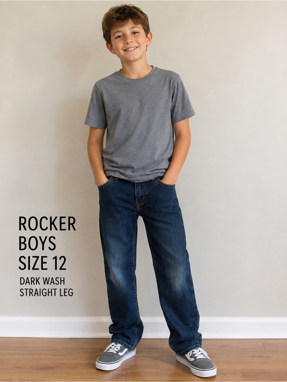 Rocker Boys Dark Wash Straight Leg Jeans - Gray T-Shirt Styled